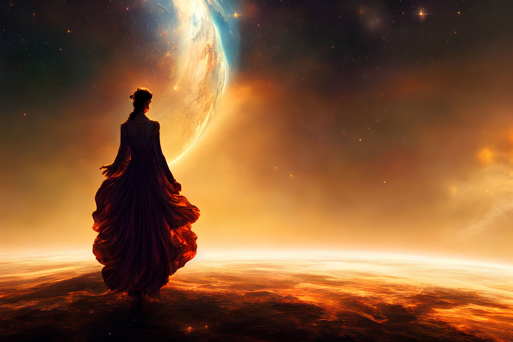 Woman in flowing red dress gazes at large planet on rocky terrain