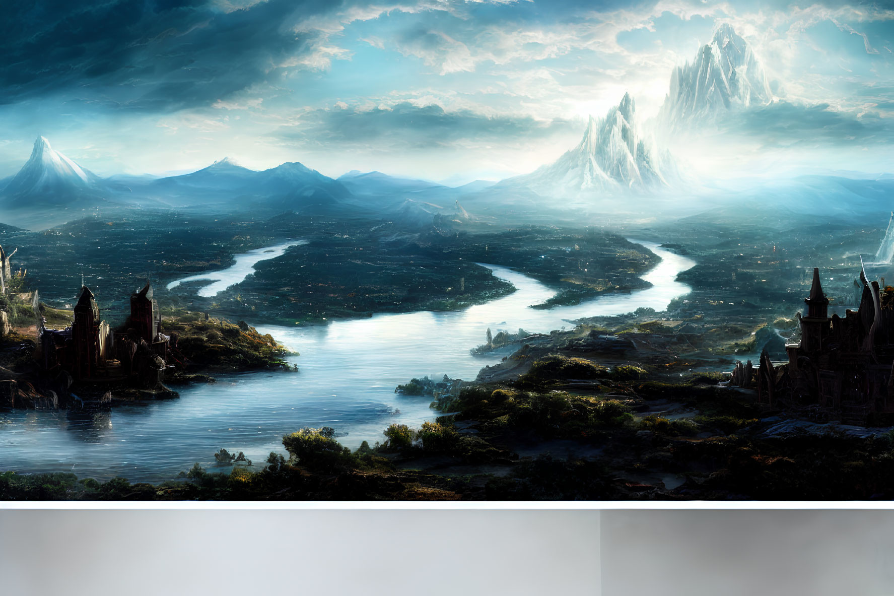 Fantasy landscape with rivers, mountains, and castles under dramatic sky