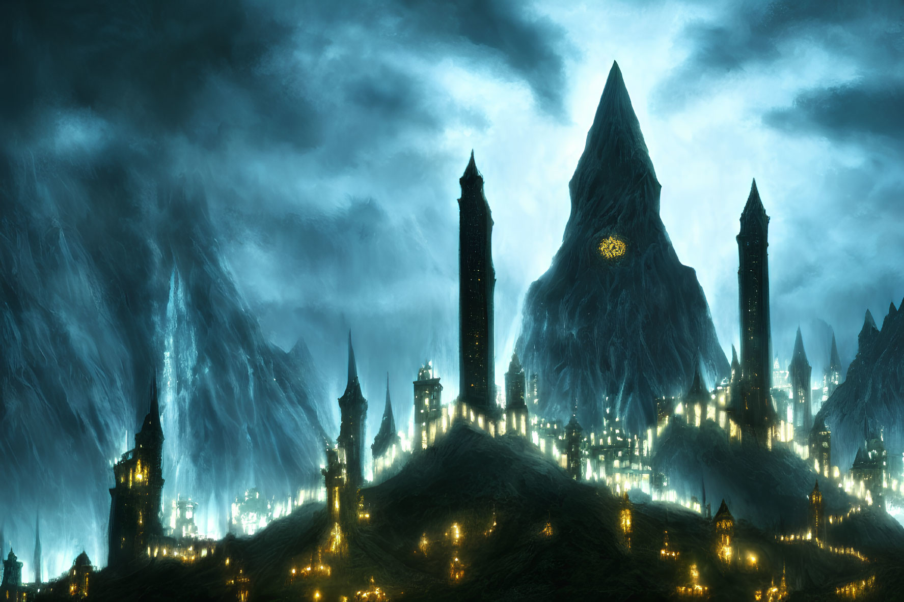 Fantasy city with illuminated towers on hills under stormy sky