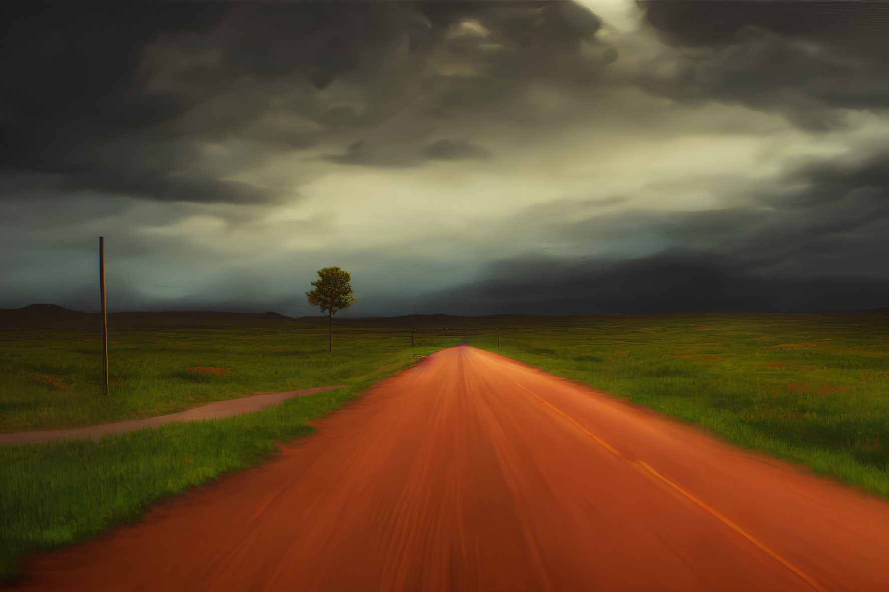 Rural landscape: road through field with lone tree under dramatic sky