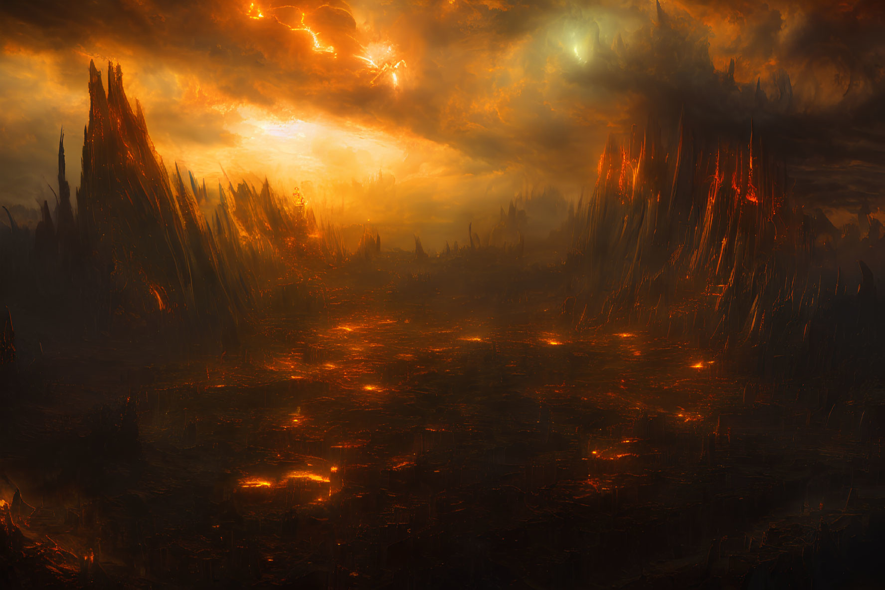 Apocalyptic landscape with molten lava and dark peaks