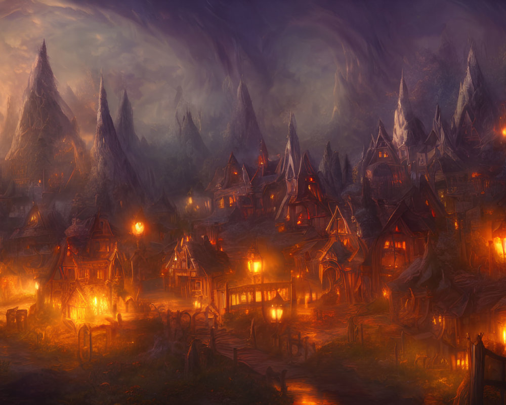 Enchanting village scene at dusk with glowing lights and twilight sky