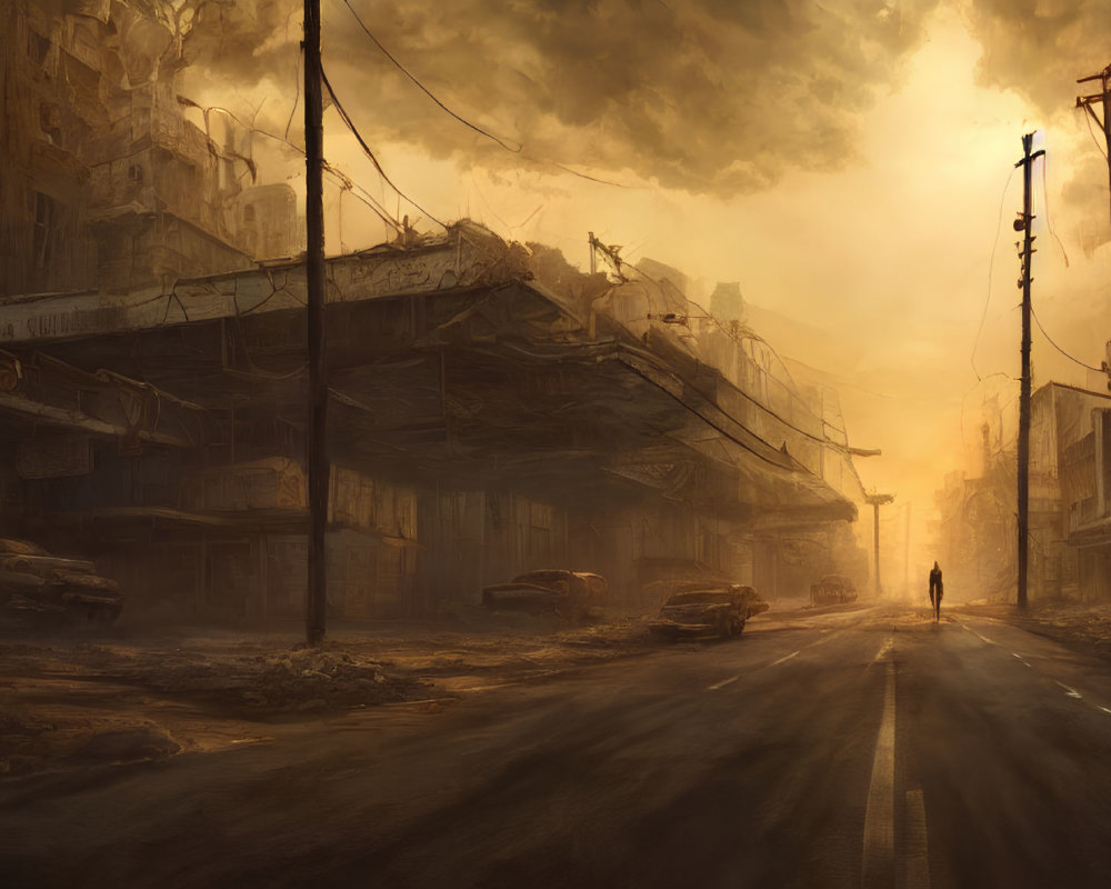 Desolate street scene with solitary figure amidst ruins