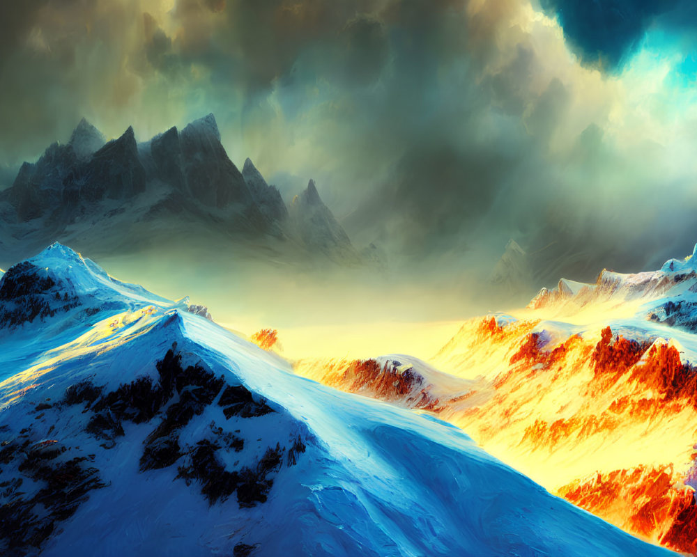 Snowy Mountain Peaks Under Dramatic Sky in Warm and Cool Colors