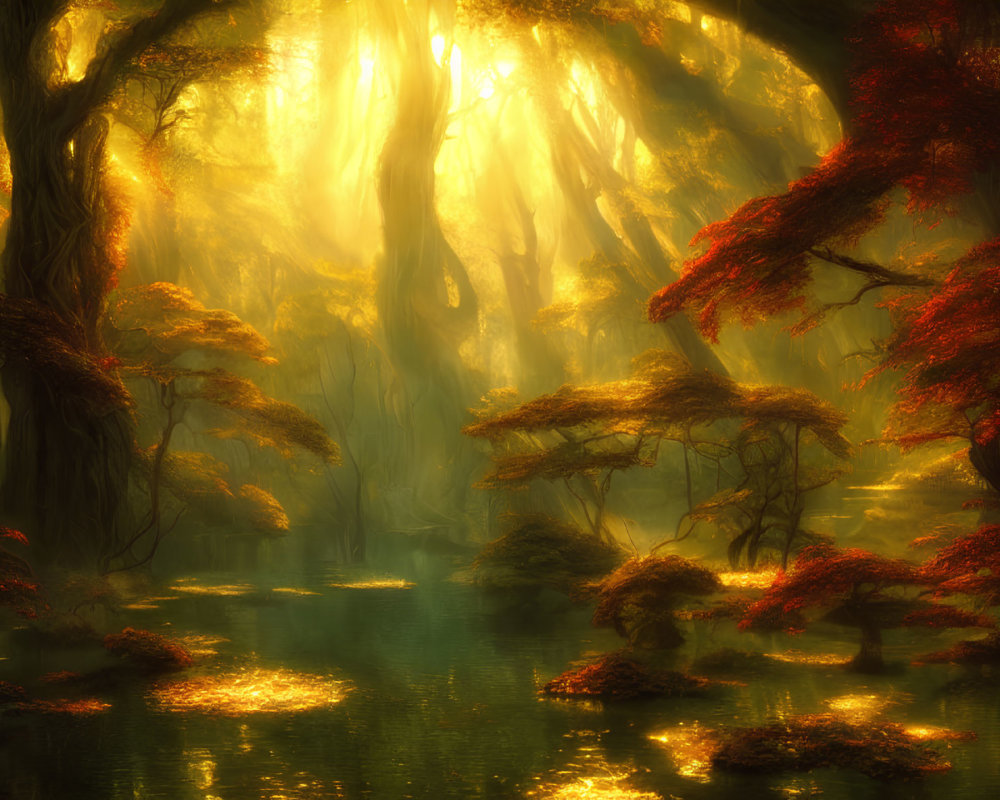 Tranquil forest scene with mist, red trees, and green pond