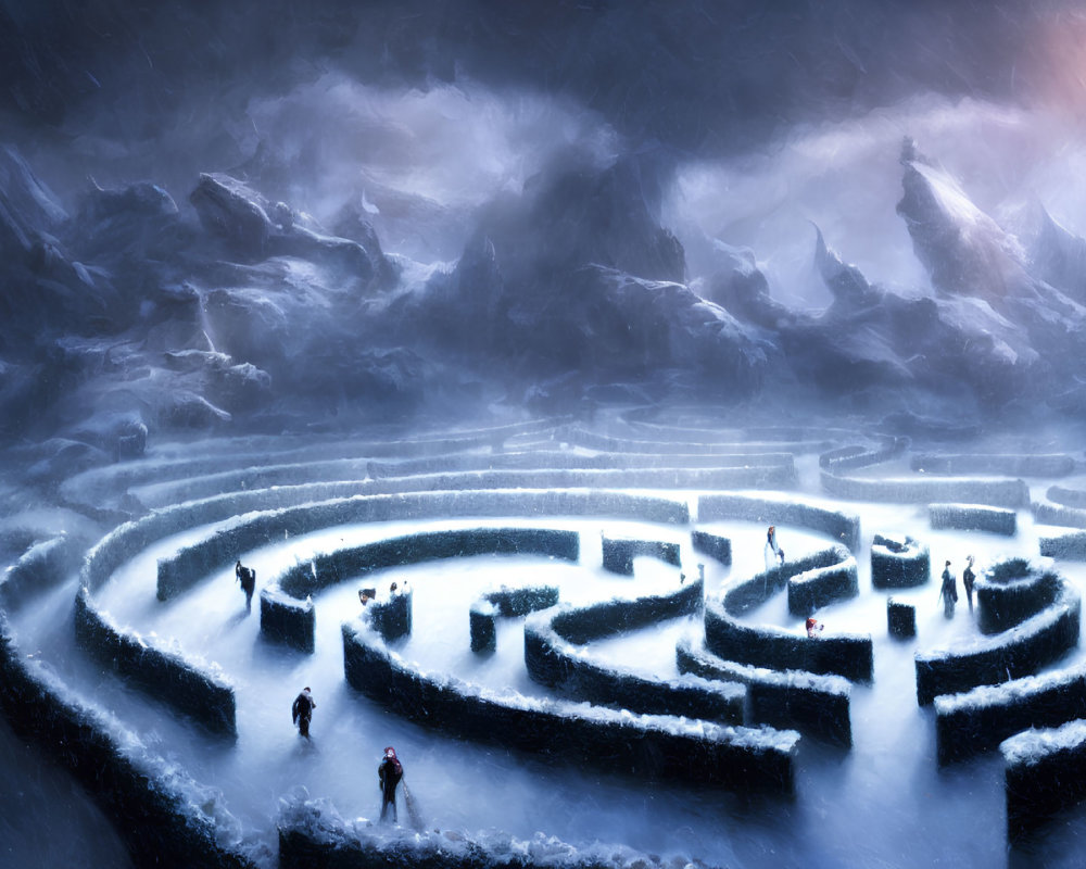 Fantasy icy labyrinth with people navigating snowy mountains under dramatic sky