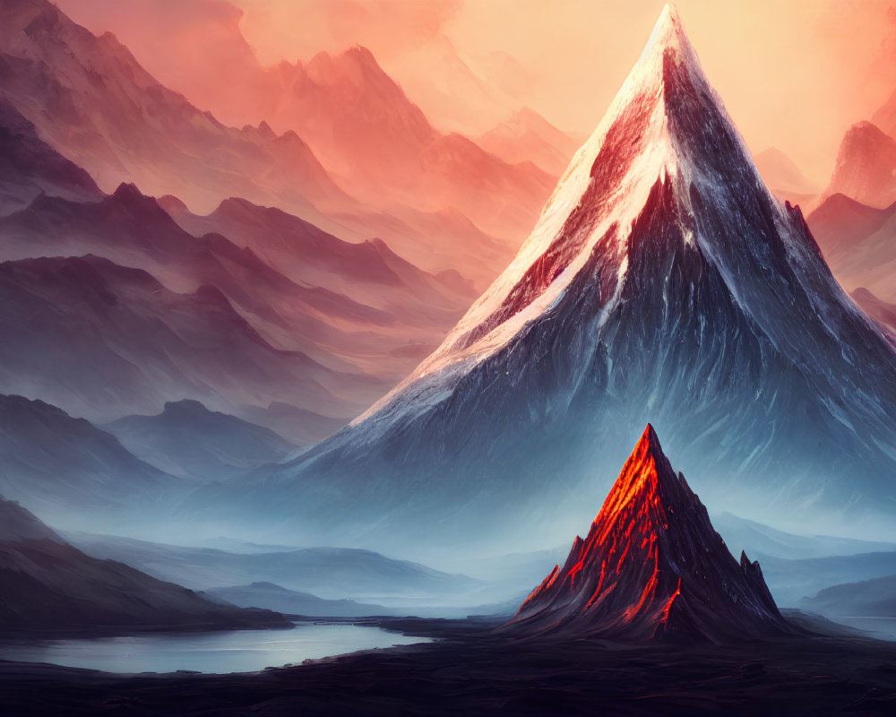 Majestic fiery mountain peak against dramatic red sky