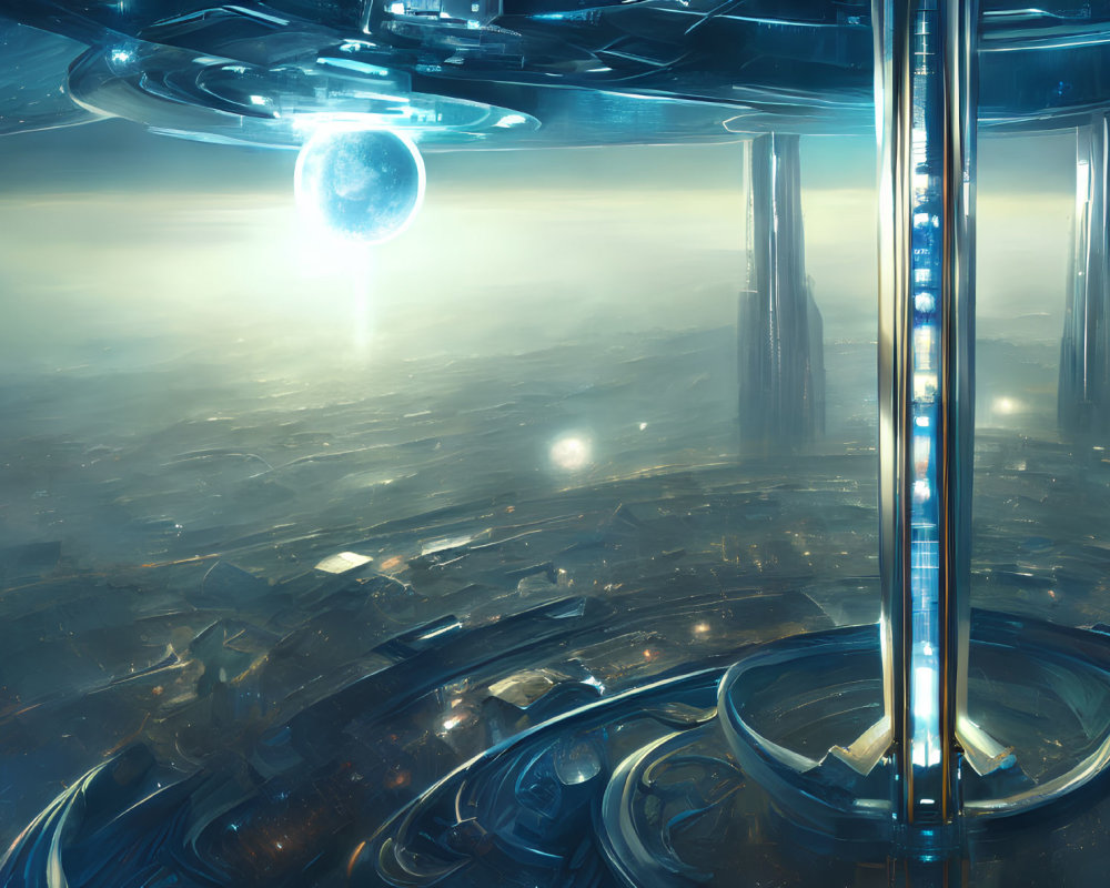 Advanced architecture in futuristic cityscape with glowing structures and celestial bodies.