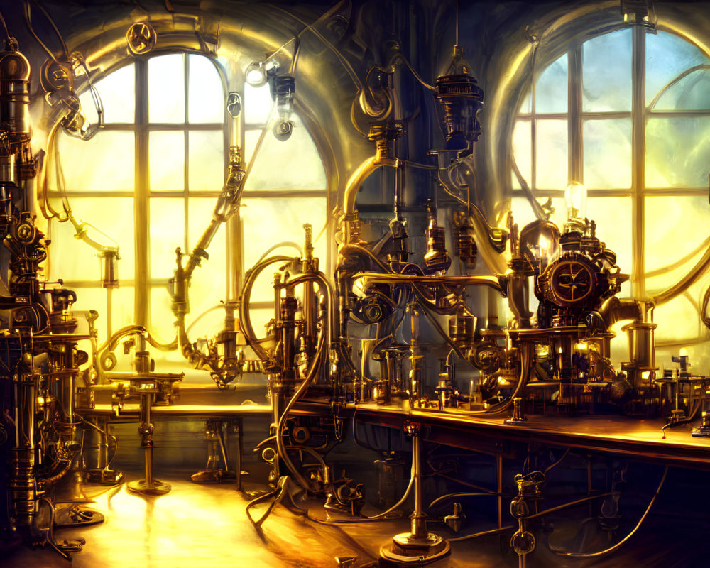 Detailed Steampunk Laboratory with Brass Pipes and Machinery