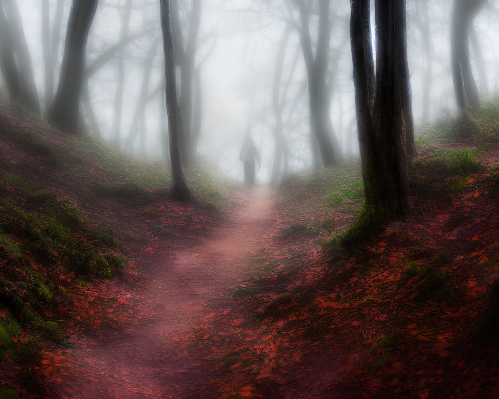 Misty forest with leaf-covered path and silhouetted figure in distance