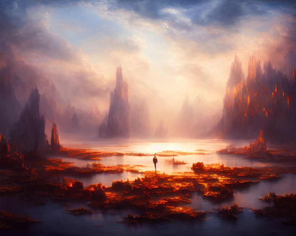 Solitary figure by tranquil lake with ethereal spires at sunset