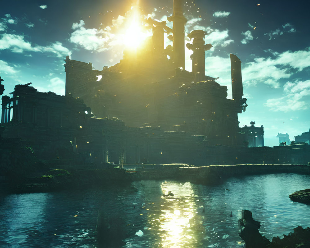 Sunlit ruins of ancient structure surrounded by water and birds.