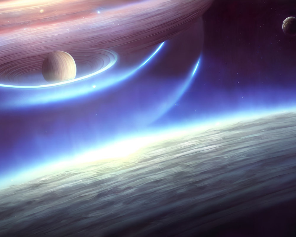 Sci-fi space scene: Ringed gas giant, moons, nebula, rocky planetary surface