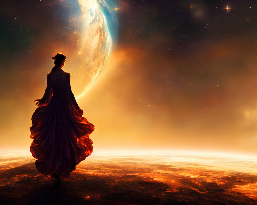 Woman in flowing red dress gazes at large planet on rocky terrain