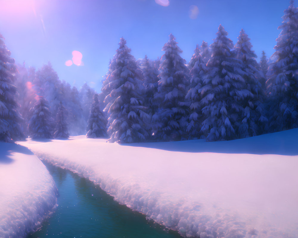 Snowy Trees and Stream in Winter Sunlight