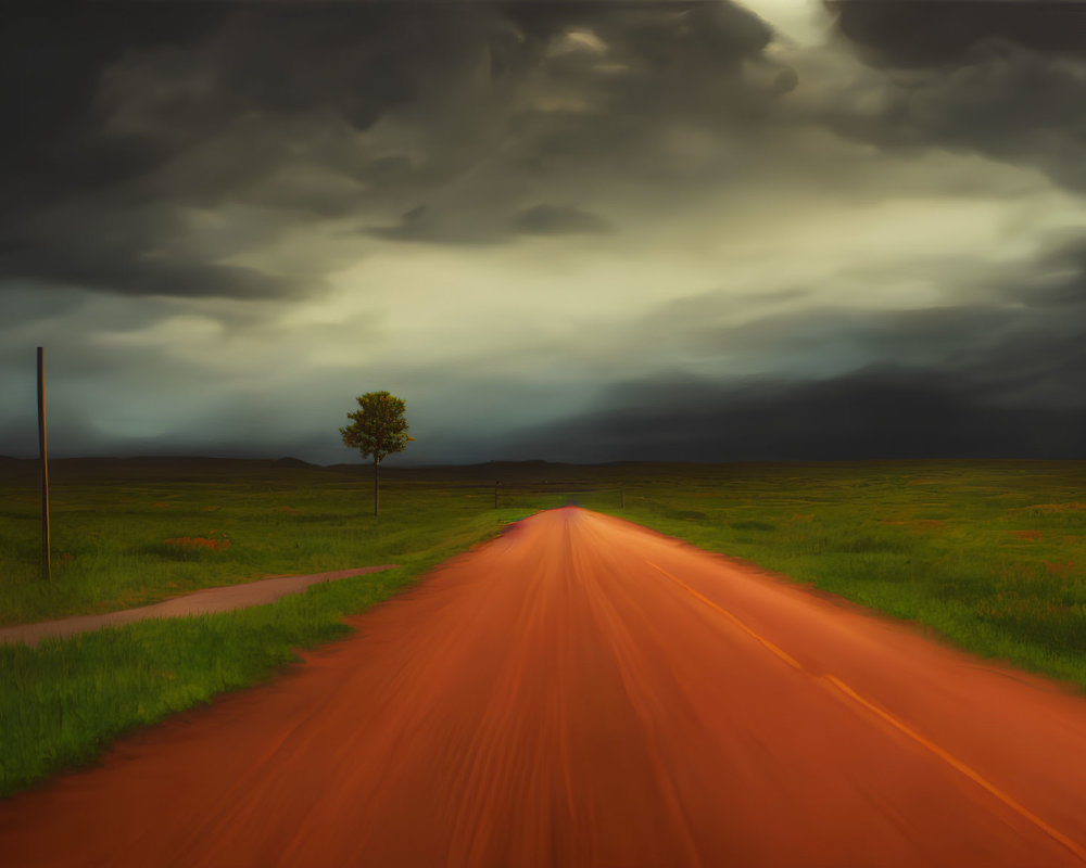 Rural landscape: road through field with lone tree under dramatic sky