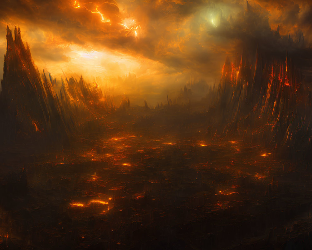 Apocalyptic landscape with molten lava and dark peaks