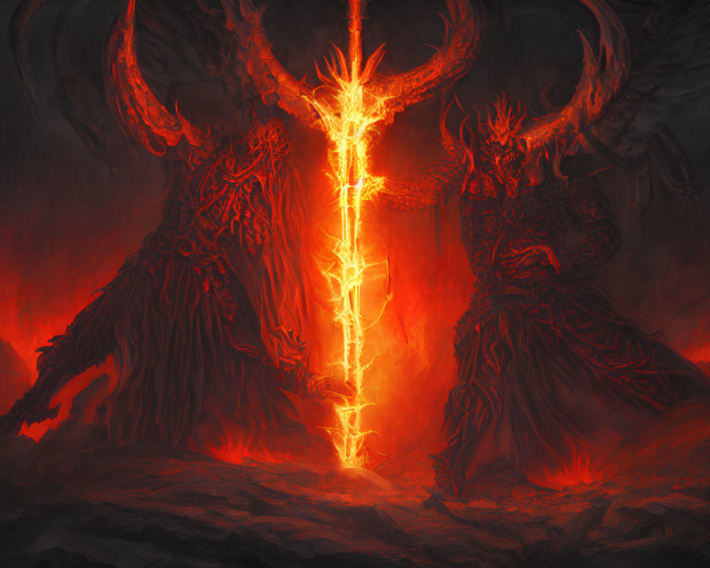 Two horned figures with fiery sword in volcanic landscape.