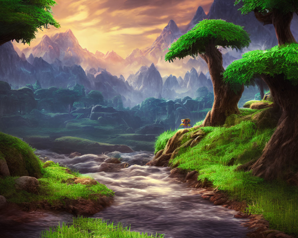 Serene landscape: green trees, stream, mountains, warm sunrise