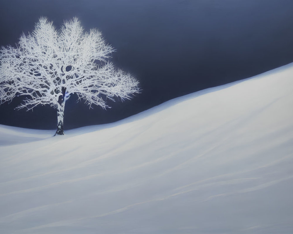 White tree against dark blue background in snowy landscape