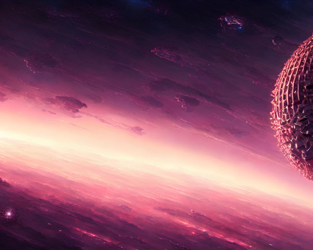 Starlit pink and purple nebula with detailed spherical structure in cosmic scene