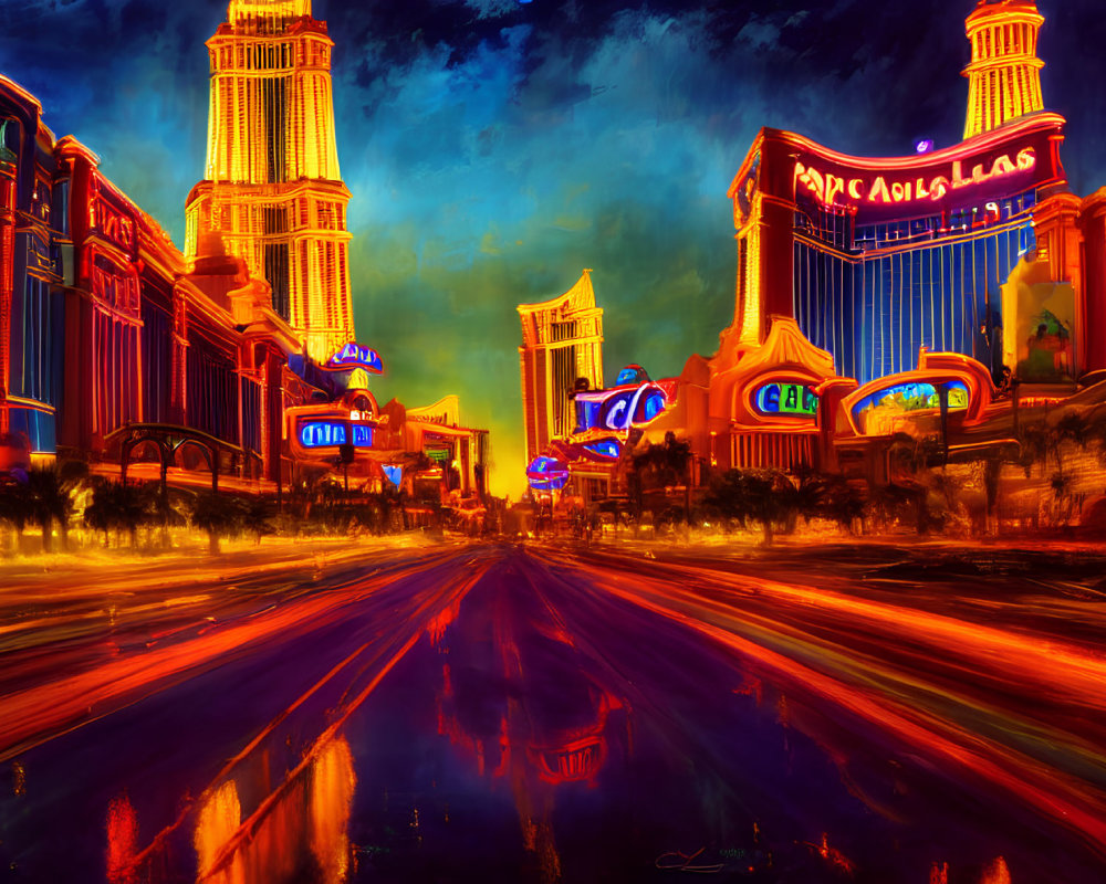 Stylized painting of Las Vegas Strip at dusk with neon signs