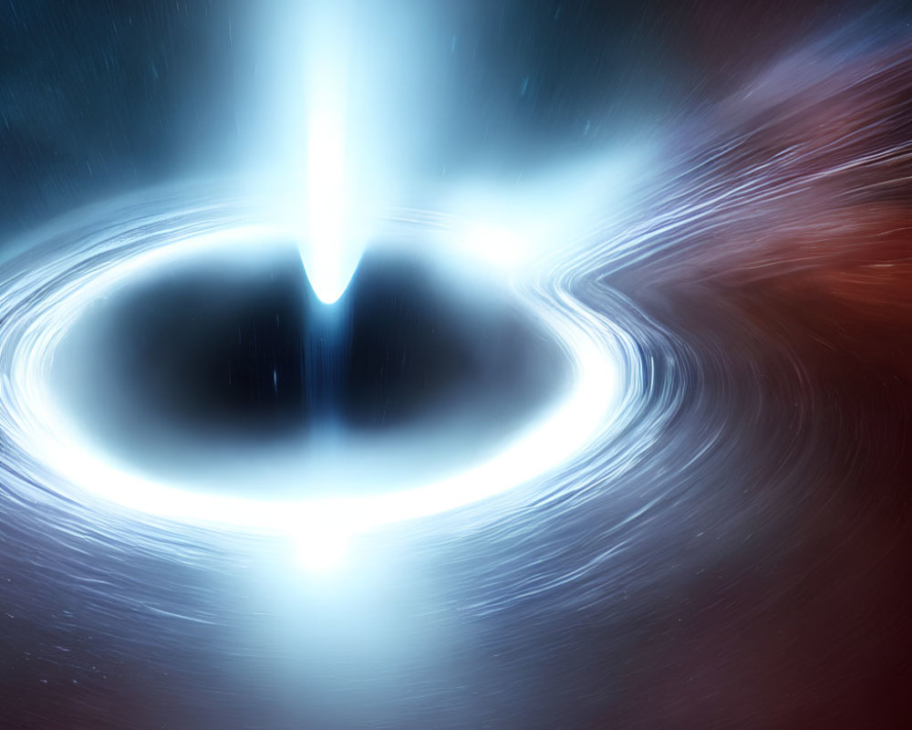 Digital representation of swirling light around black hole with energy jets in starry backdrop