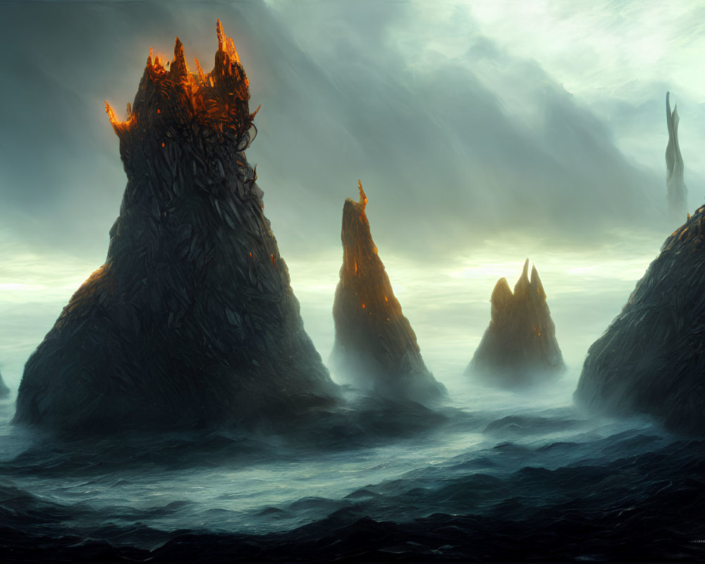 Majestic rocky islets with glowing castle in stormy seascape