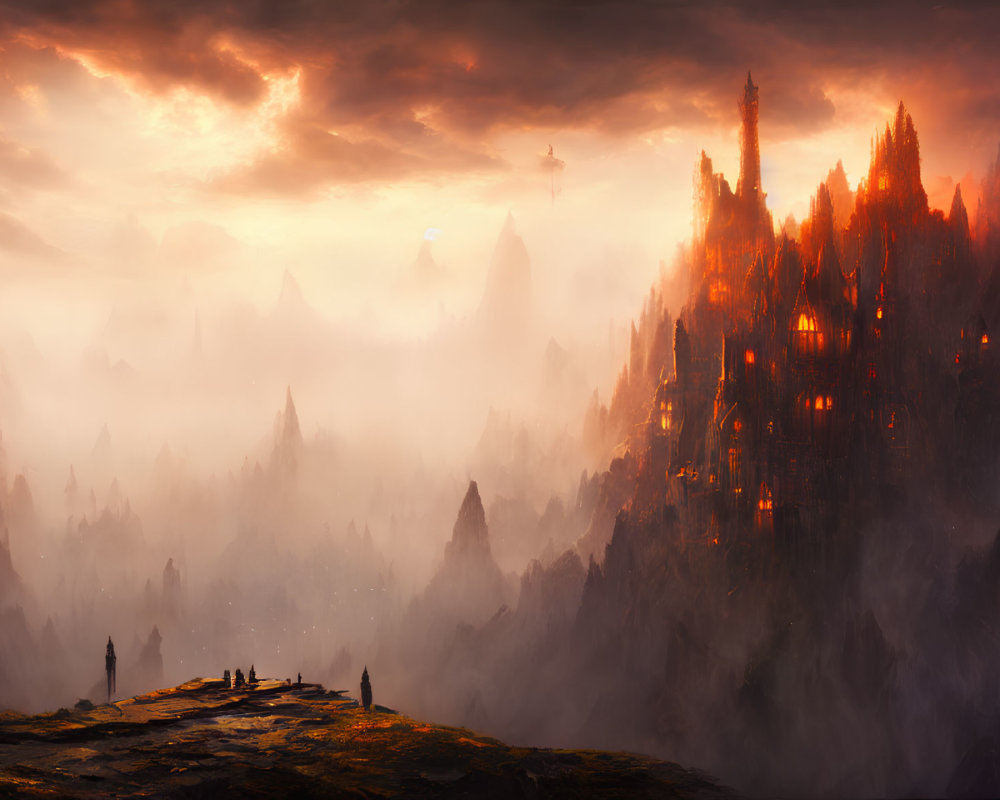 Travelers admire fiery landscape with spires and mountains