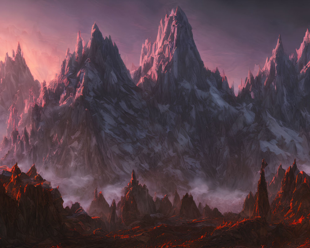 Snow-capped mountains in mist with fiery red foreground