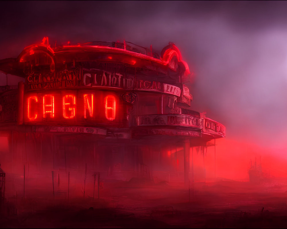 Neon-lit retro-futuristic casino in hazy, red atmosphere