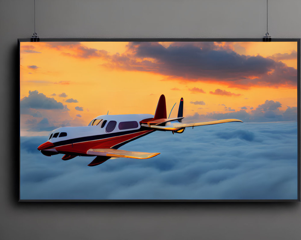 Illustrated Aircraft Flying Above Clouds at Sunset