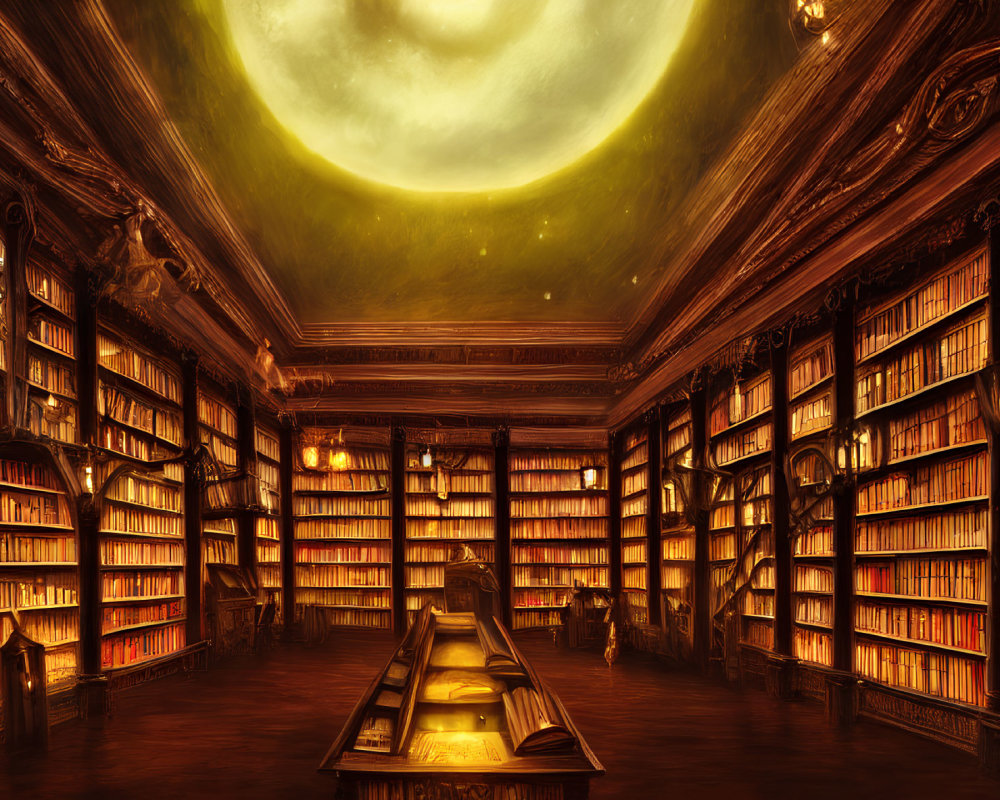 Ornate library with towering bookshelves and central table under glowing circular window