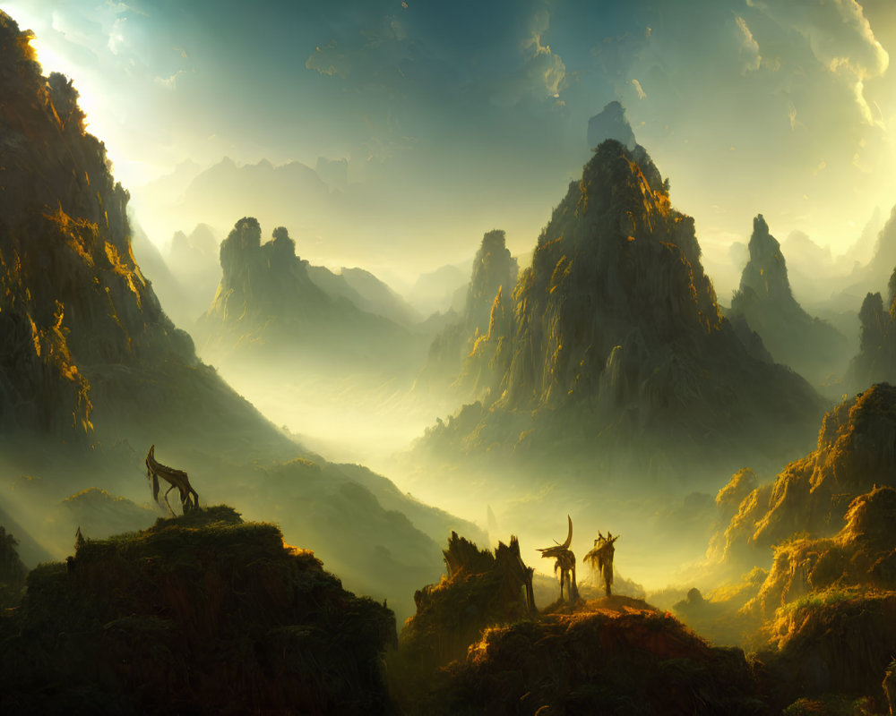 Majestic mountain landscape with deer in golden light