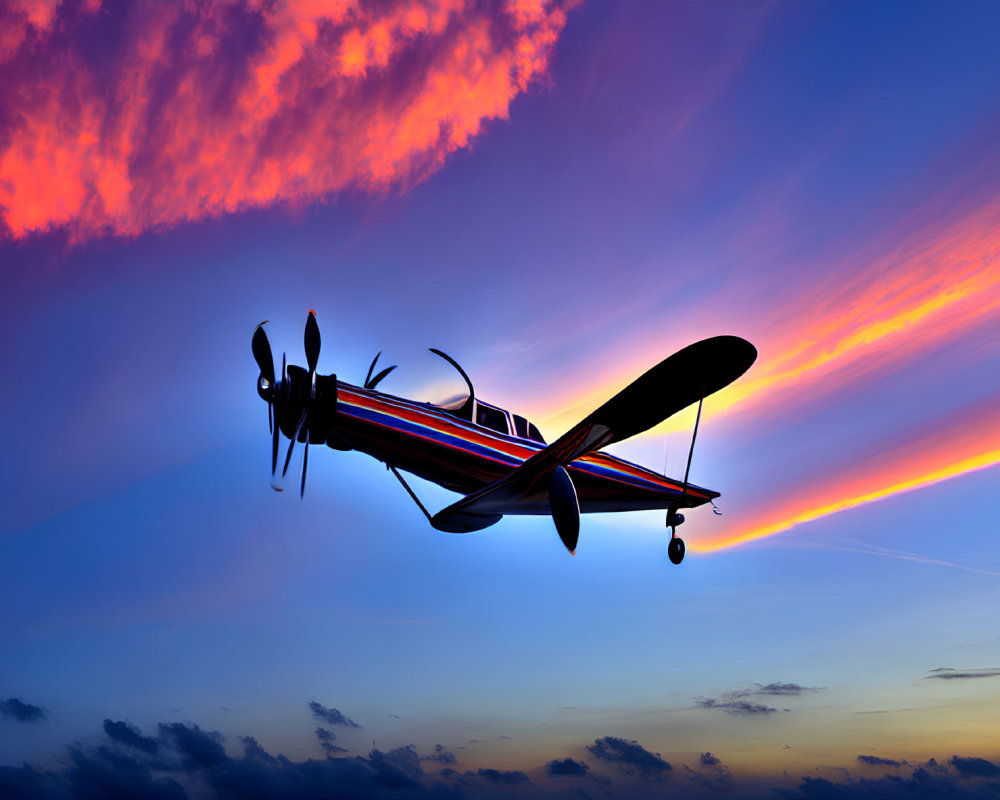 Biplane silhouette in vibrant sunset sky