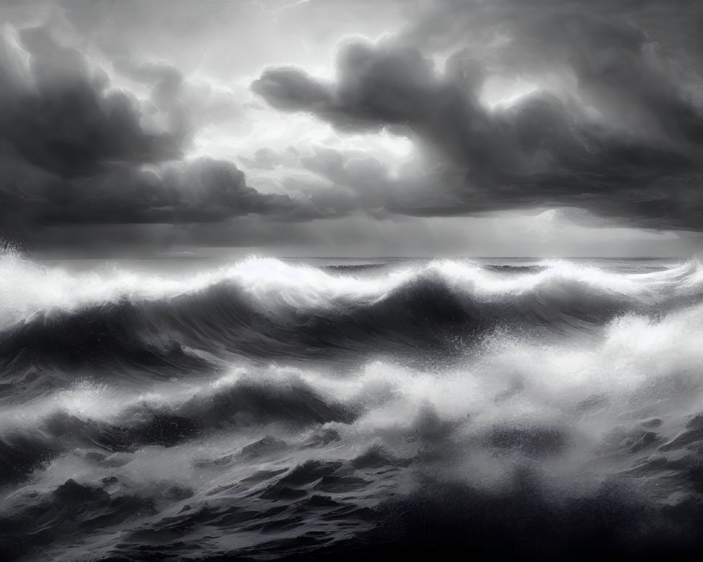 Stormy Seascape with Dark Clouds and Foamy Waves