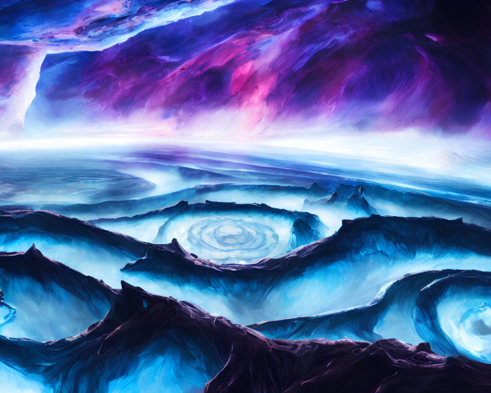 Vibrant surreal landscape with lone figure and swirling energy pools