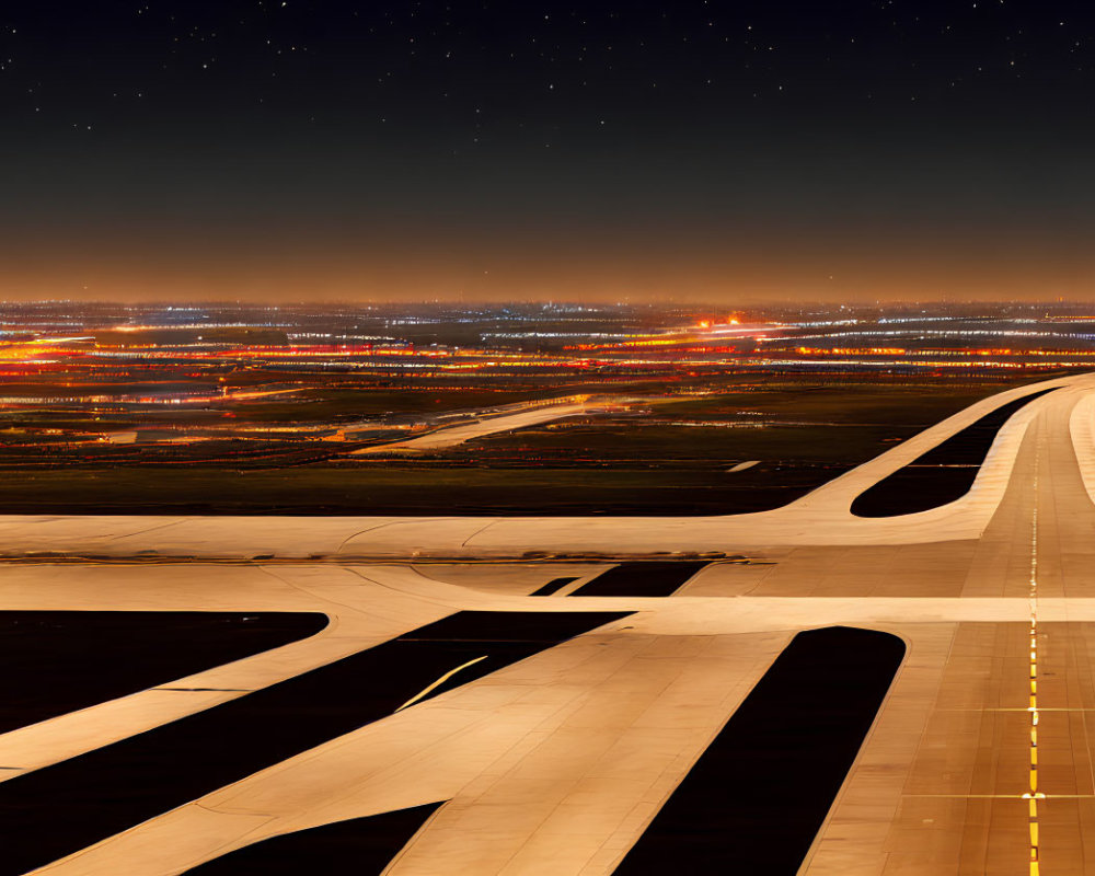 Aerial Nighttime View of Runway and Glowing Cityscape