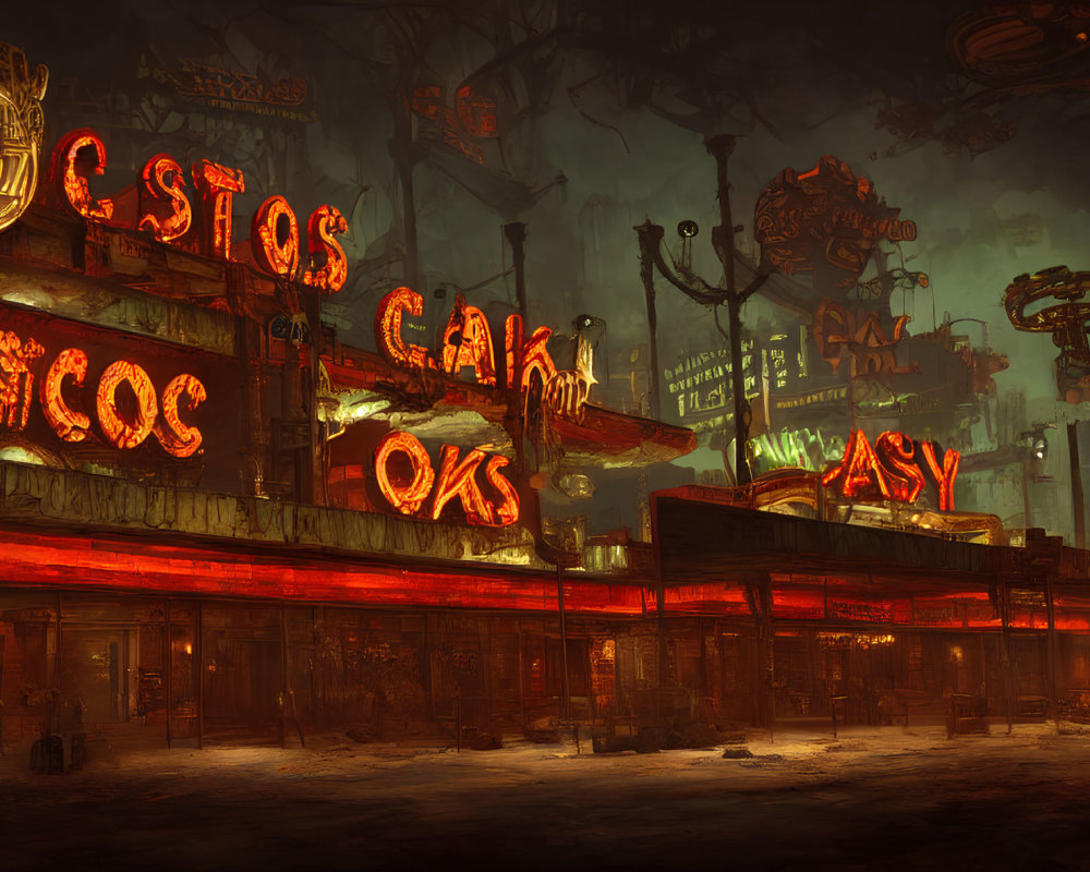 Gritty urban street scene at night with neon-lit signs like "Casino" and 