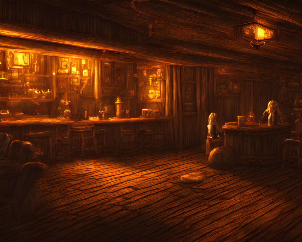 Cozy tavern interior with wooden decor and soft lantern light