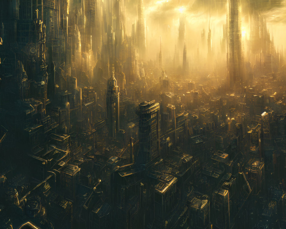 Futuristic cityscape with towering skyscrapers in golden light