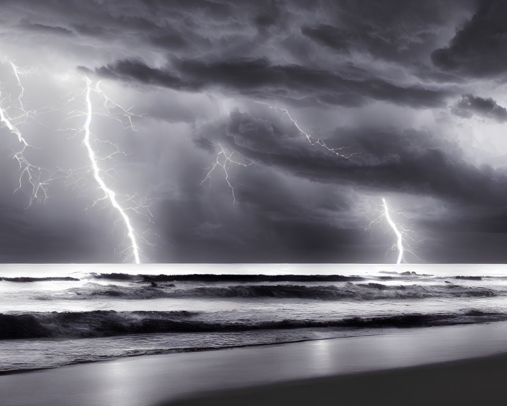 Dramatic monochrome seascape with lightning strikes over stormy ocean