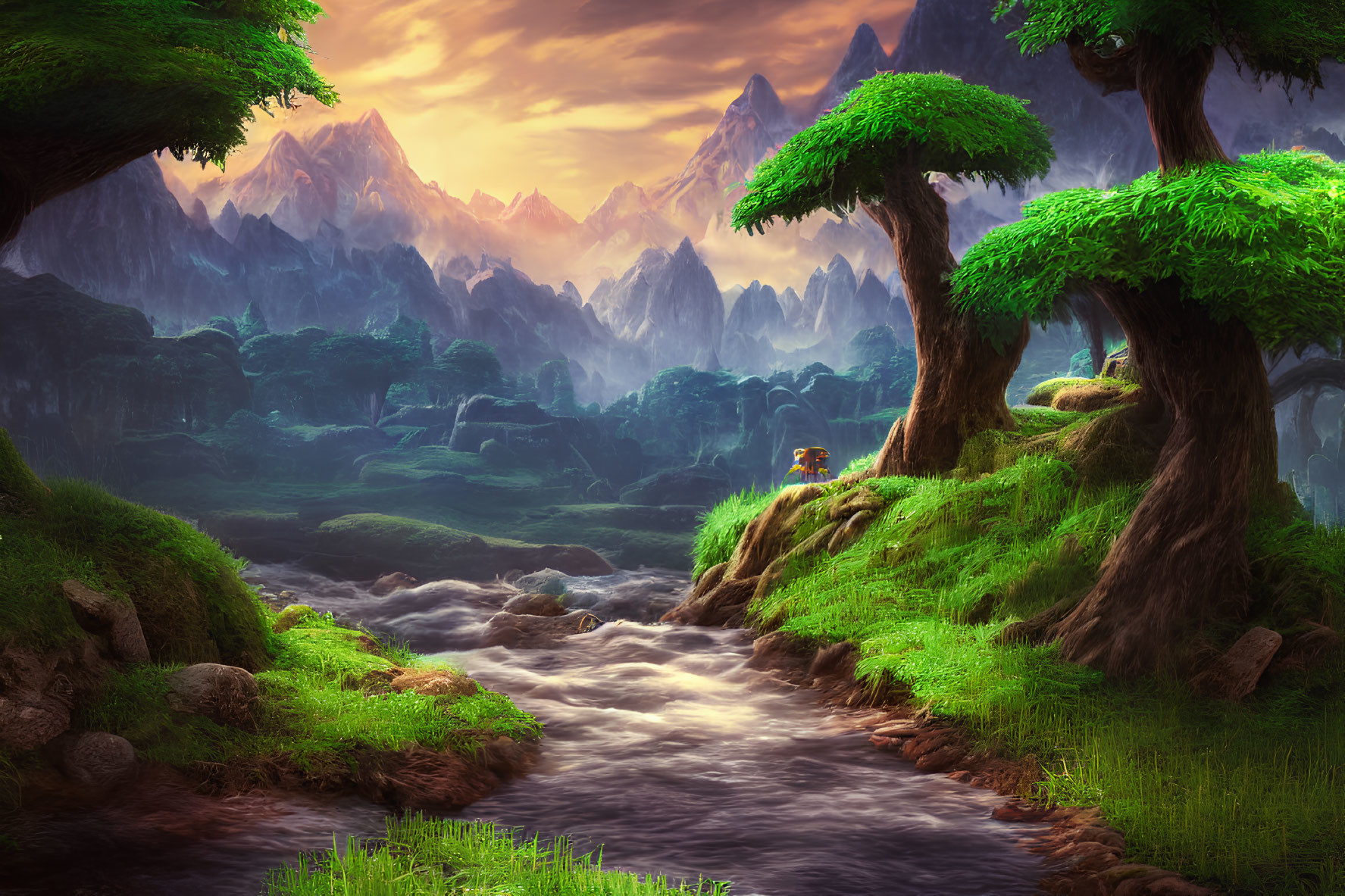 Serene landscape: green trees, stream, mountains, warm sunrise