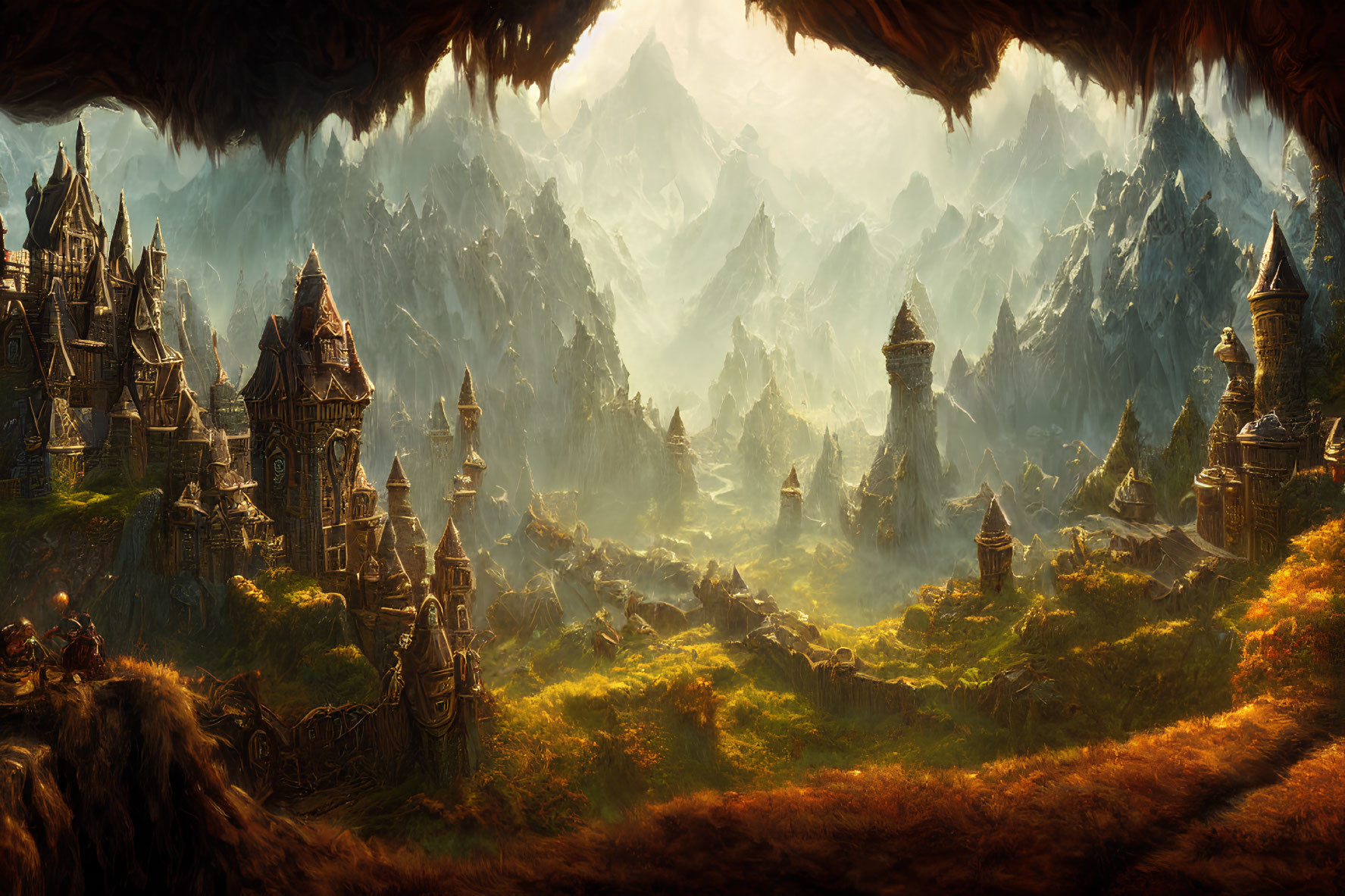 Majestic fantasy landscape with mountains, forests, and elaborate castles