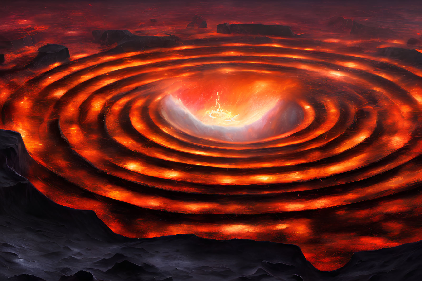 Fantastical lava whirlpool with molten rock circles