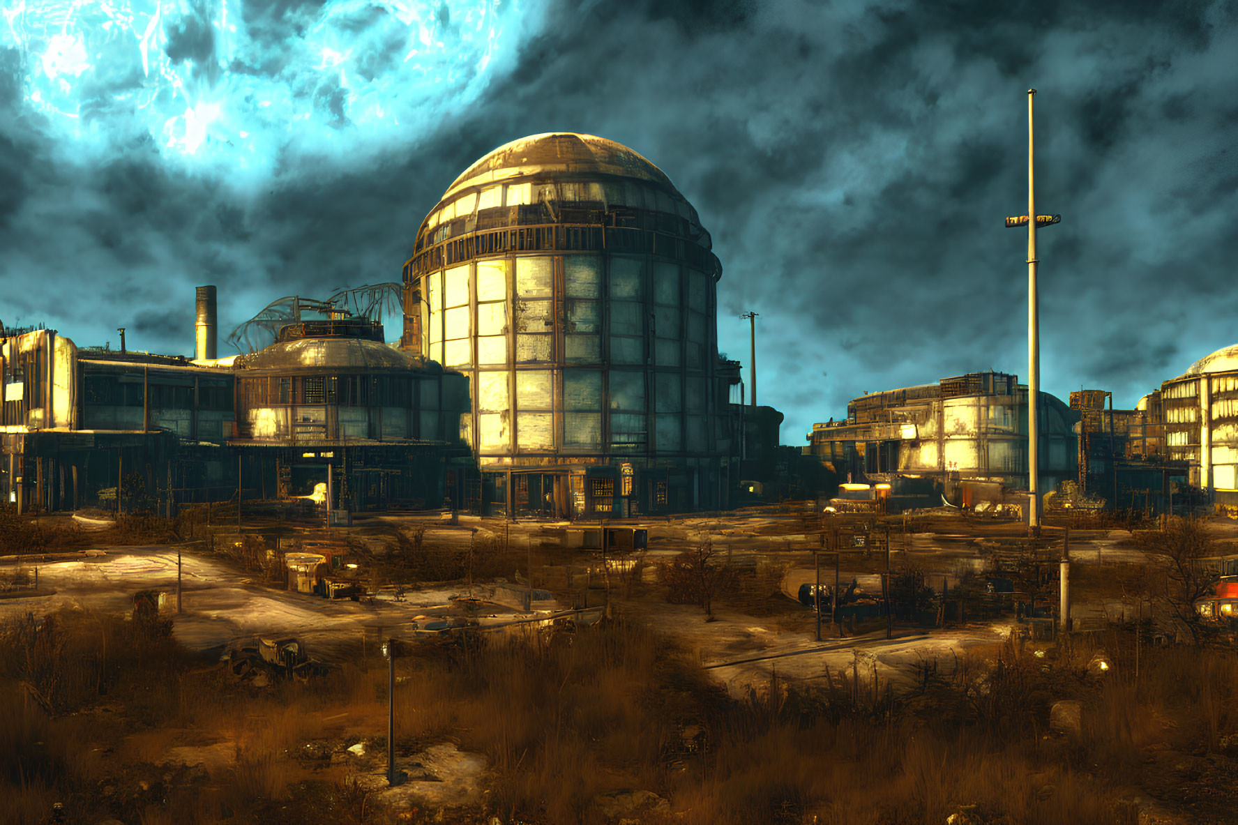 Futuristic industrial complex under stormy sky with glowing structures and abandoned vehicles