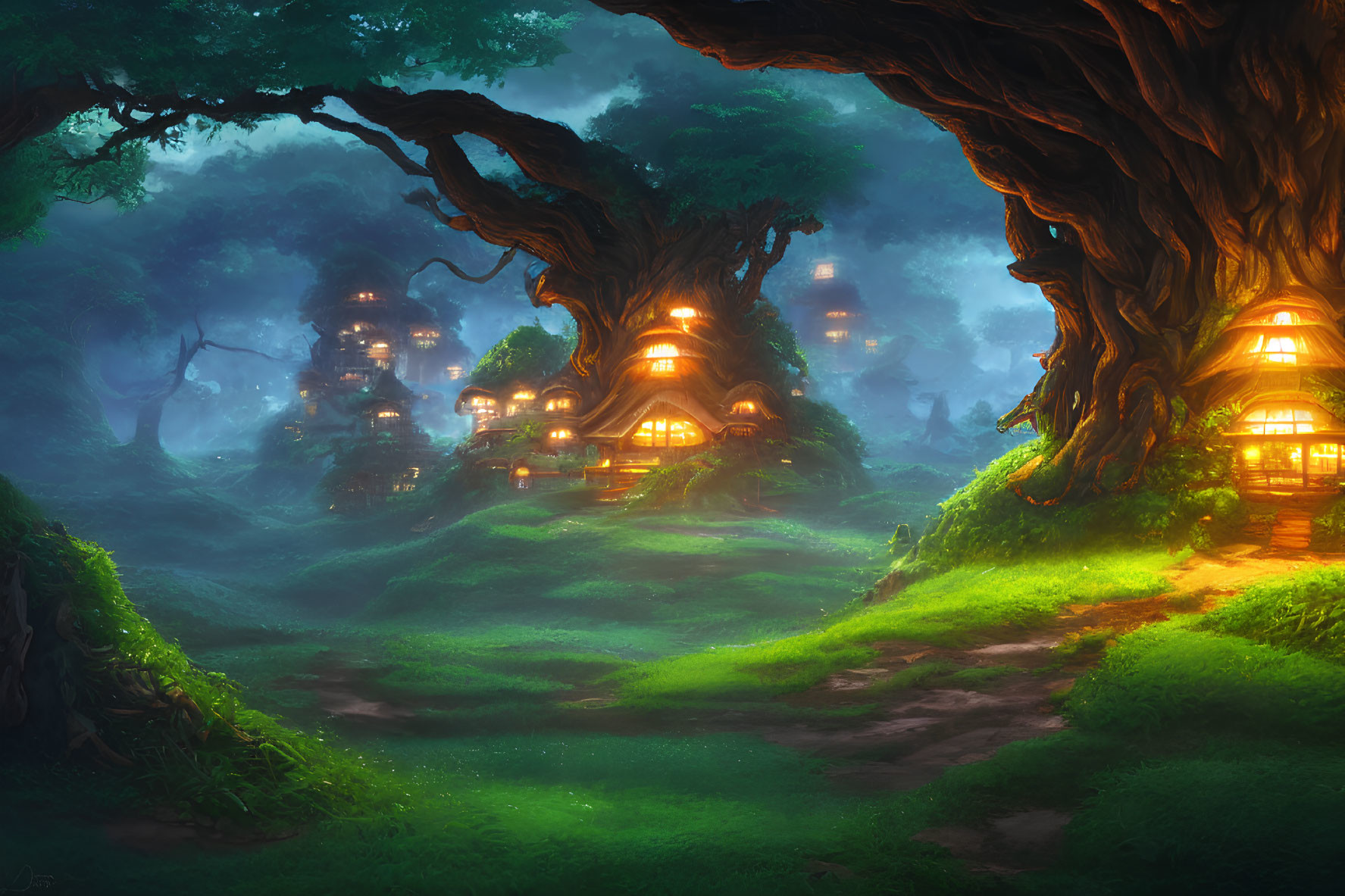 Cozy treehouse village in ancient forest at twilight