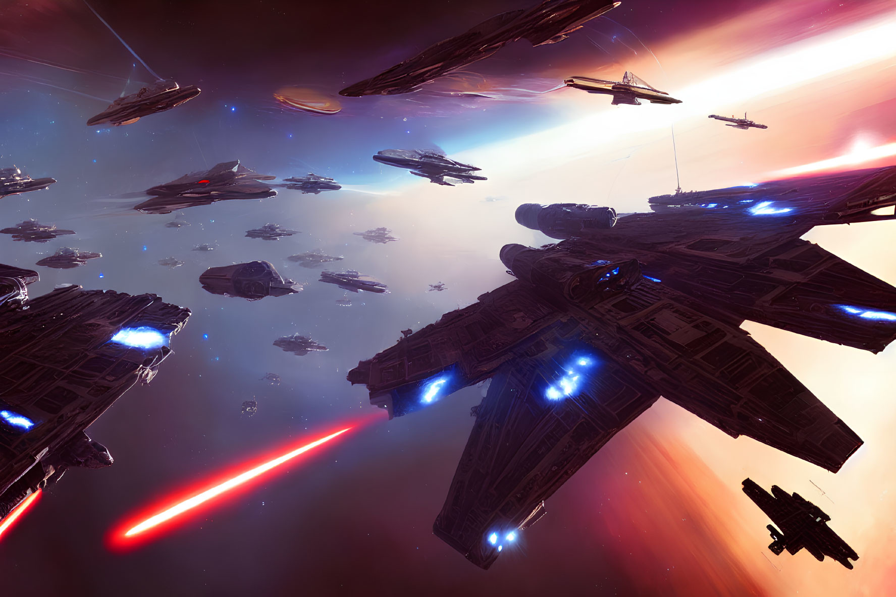 Intense Space Battle Scene with Laser-Equipped Spaceships