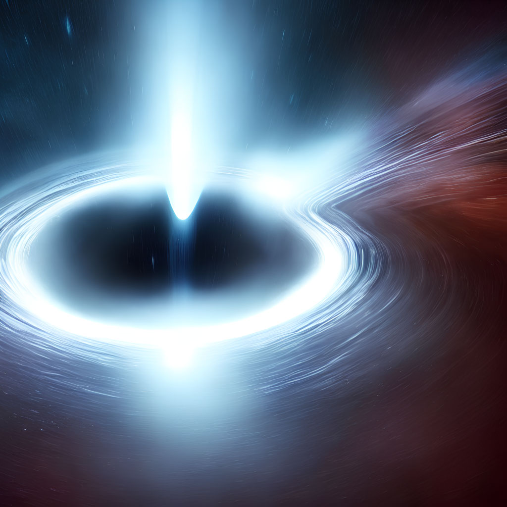 Digital representation of swirling light around black hole with energy jets in starry backdrop