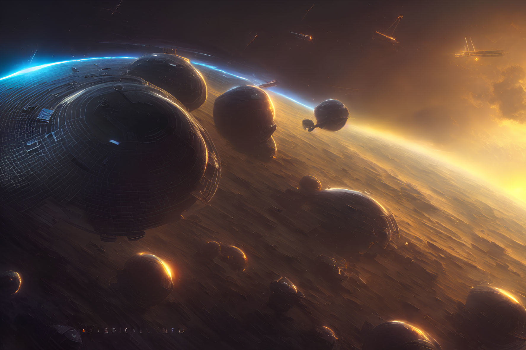 Spherical Spaceships Orbiting Star in Epic Space Scene